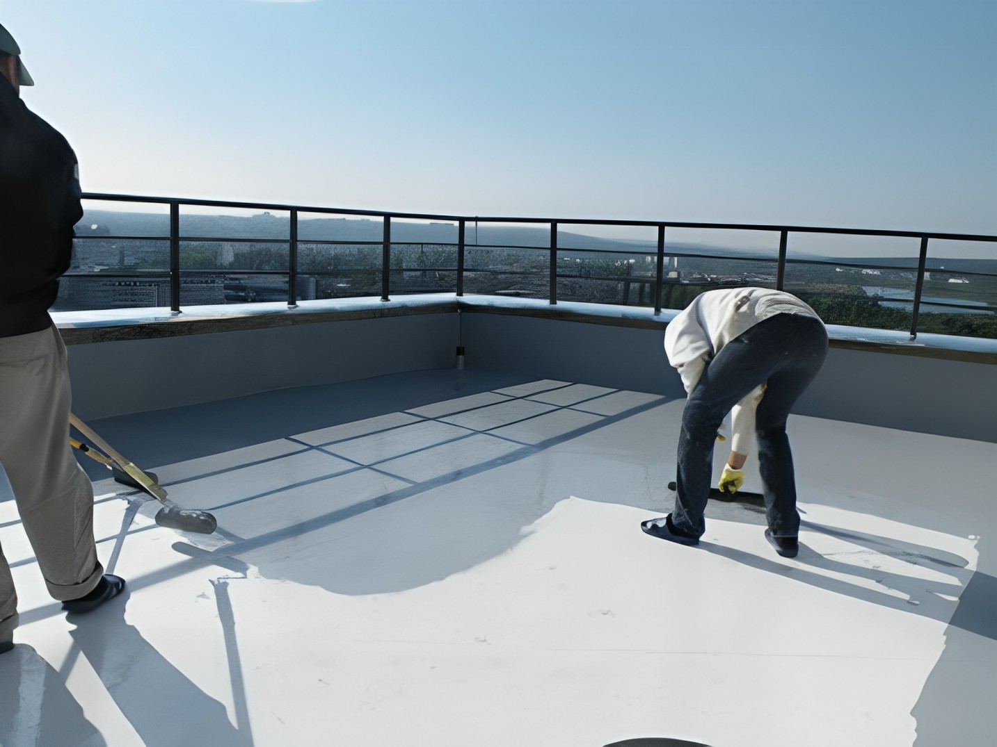 Two-men-engaged-in-painting-a-white-surface-on-a-roof-focusing-on-waterproofing-to-safeguard-against-potential-leaks.