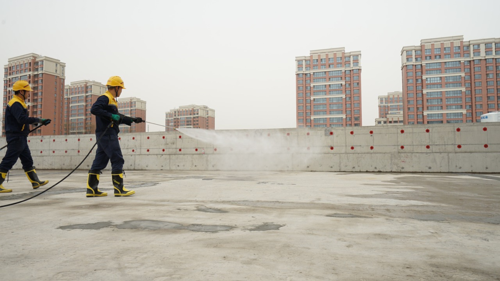 men-in-terrace-with-wear-safty-vests-applying-best-quality-waterproofing-in-the-tricity-in-northen-part-of-india