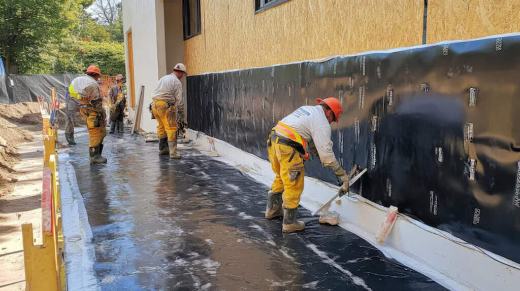 Three-men-with-protective-equipment-are-applying-the-best-waterproofing-solutions-to-a-building-in-order-to-avoid-damage-caused-by-water