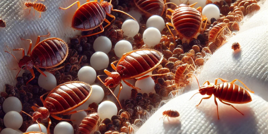 Close-up-of-a-bed-bug-infestation-on-a-mattress-highlighting-the-presence-of-numerous-bed-bugs-and-signs-of-damage.