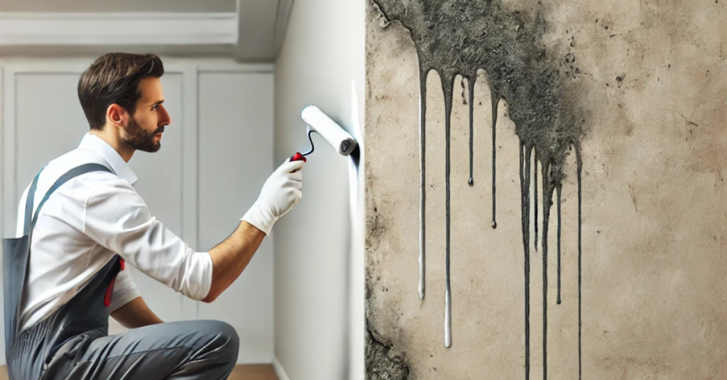 A-man-applies-paint-to-a-wall-demonstrating-the-importance-of-waterproofing-to-prevent-leaks-and-mold-growth.